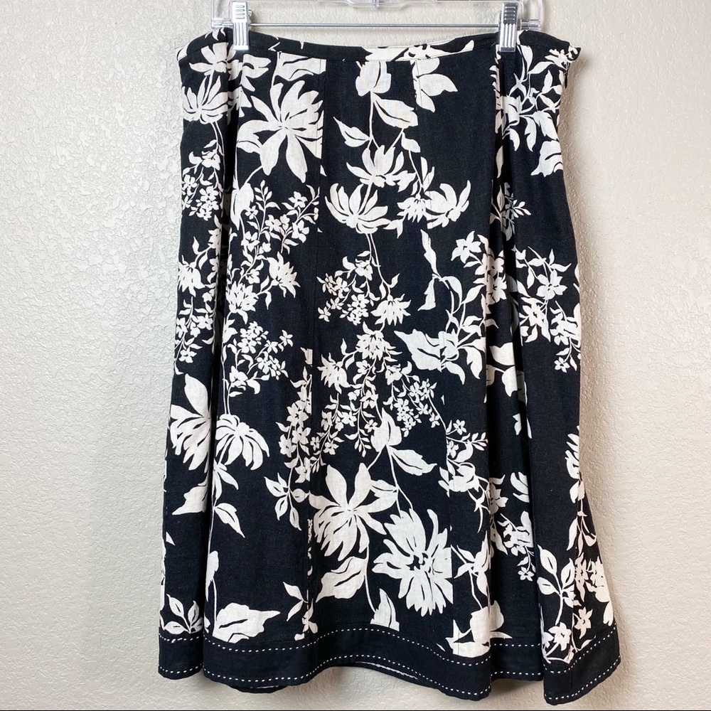 Black White Floral Linen Full Skirt Border Hem